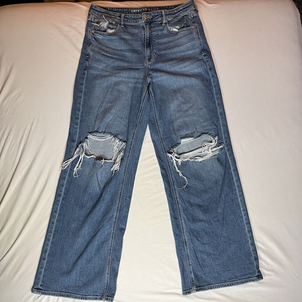 American Eagle Jeans Womens 14 Super Hi Rise Baggy Wide Leg Blue Stretch 34x33